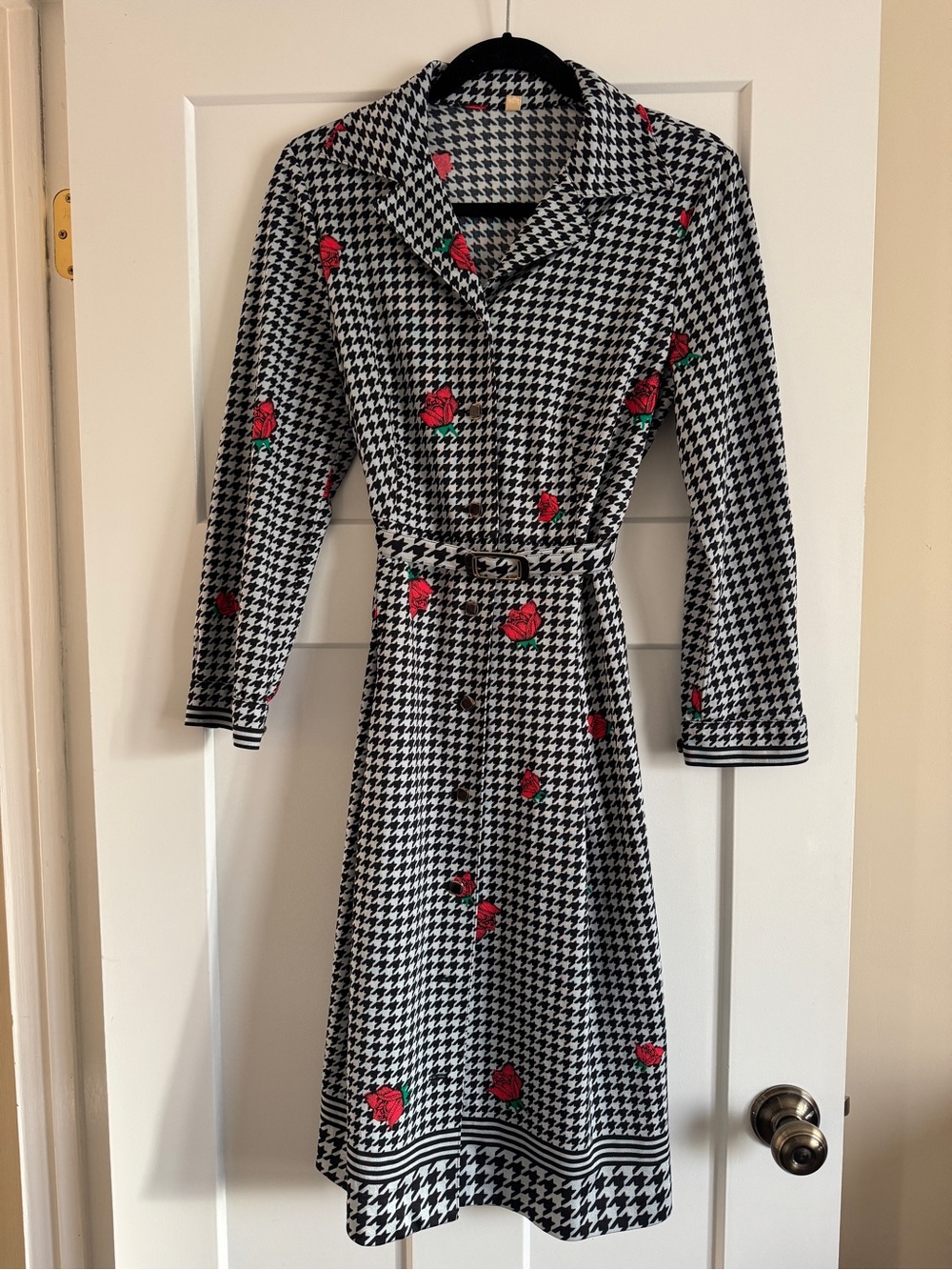 Vintage Black & White Houndstooth Dress with Red Rose Embroidery